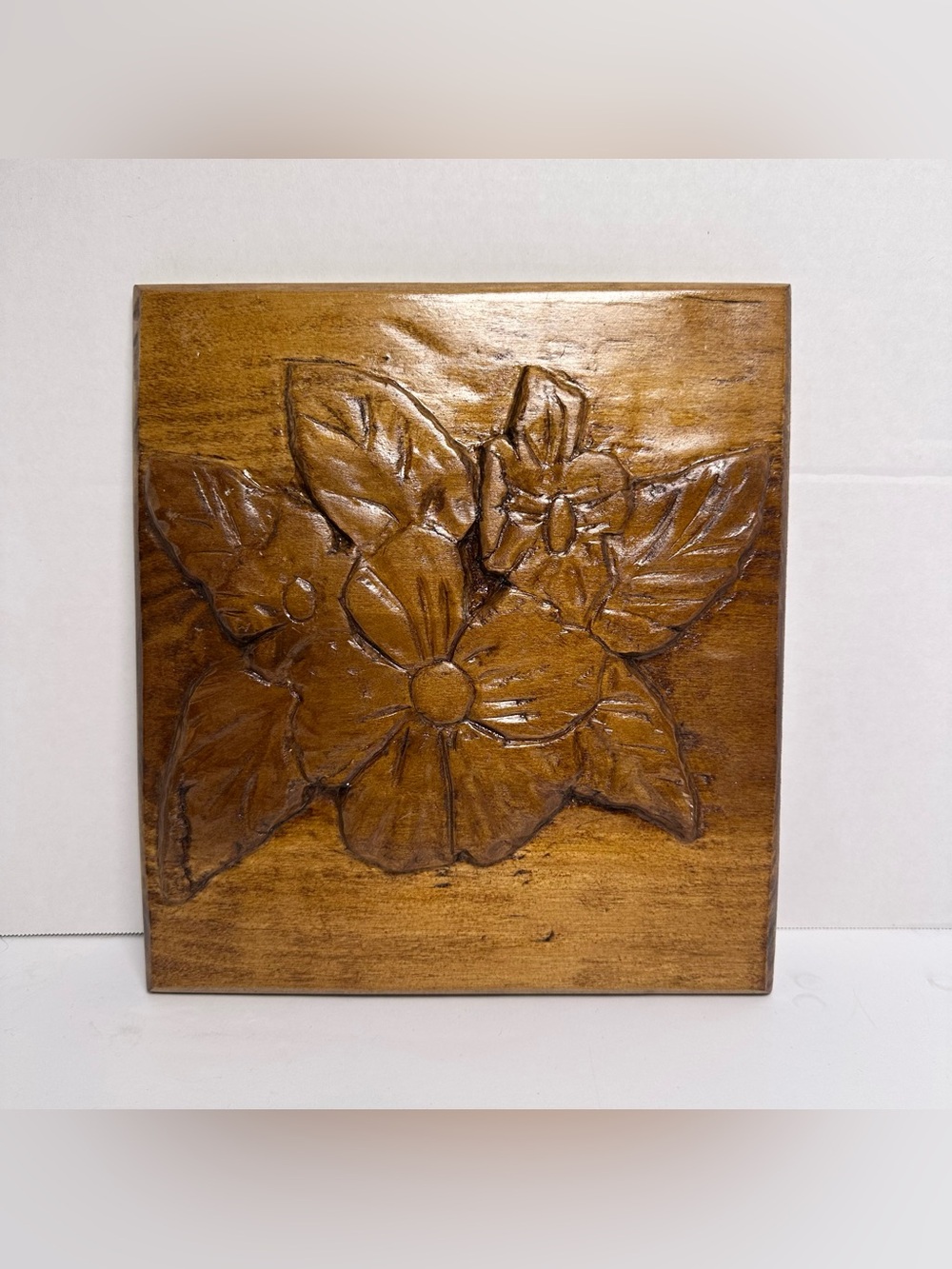 VTG 70s RARE Artisan Signed Folk Art Wood Carving Flower Plaque Upstate NY